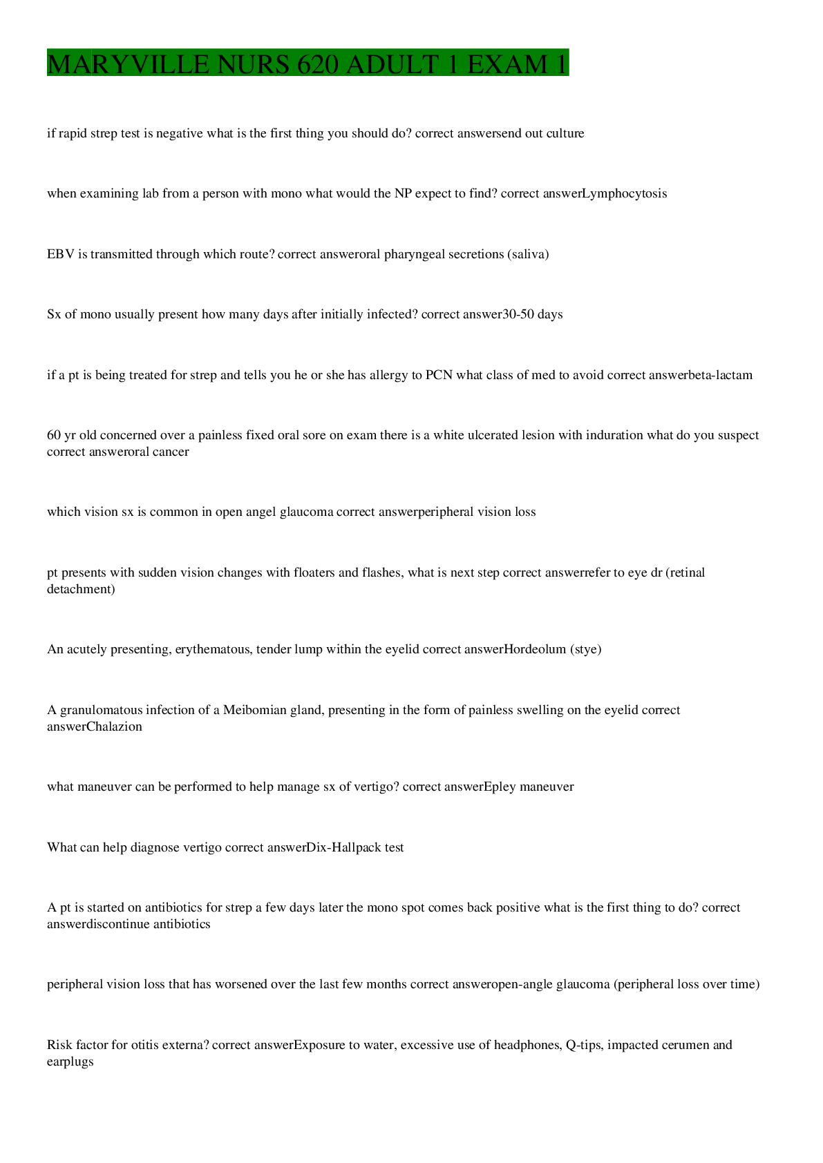 Preview image for Maryville NURS 620 Adult 1 EXAM 1